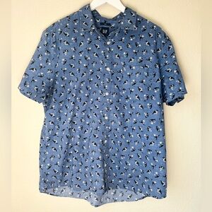 GAP Slim Fit XL Blue Toucan Print Button Down Shirt Y2K Summer Vacation Tropical
